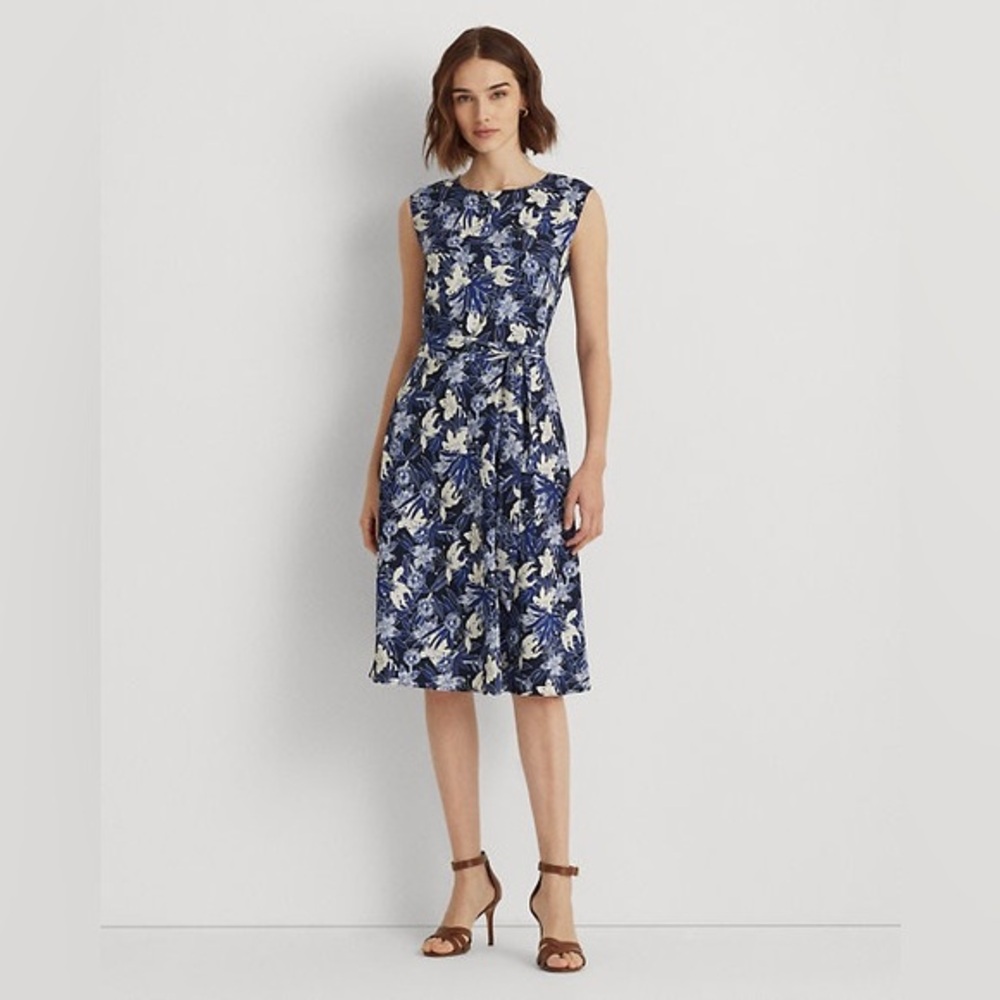 Lauren Ralph Lauren Floral Crepe Dress Blue Navy Size 10 MSRP $145 - No Belt